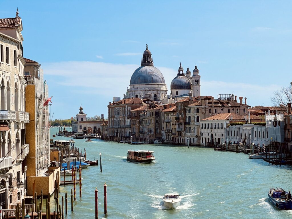 Ponte dell'Accademia view of the Venice canal with Basilica di Santa Maria della Salute, Venice, Northern Italy
